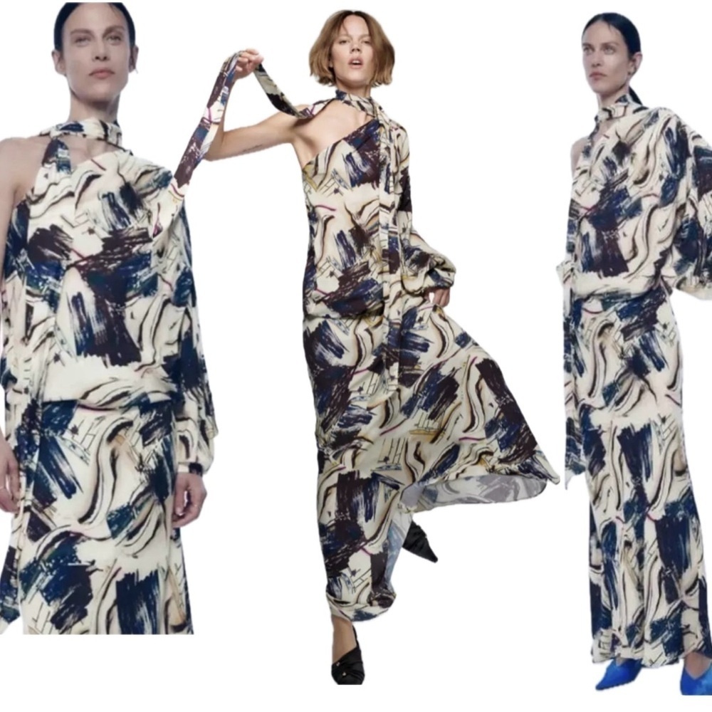 Zara limited edition abstract print asymmetrical one shoulder tie neck blouse M - Picture 2 of 14